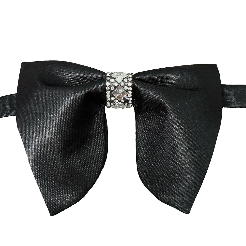 Black Satin Floppy Bow Tie Rhinestone Crystal Center Formal Adjustable Necktie